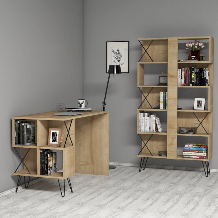 Hanah Home Combo de Escritorio de Estudio y Estantería - Roble y Negro